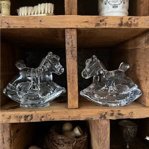 Pair of Heavy Glass Rocking Horse Candle Holders
